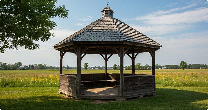 A wooden gazebo stands on a grassy field under a partly cloudy sky, with trees and buildings in the distant background.